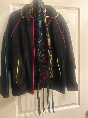 Cache Black Suede Bomber Jacket with Neon Trim - matching suede scarf- vintage